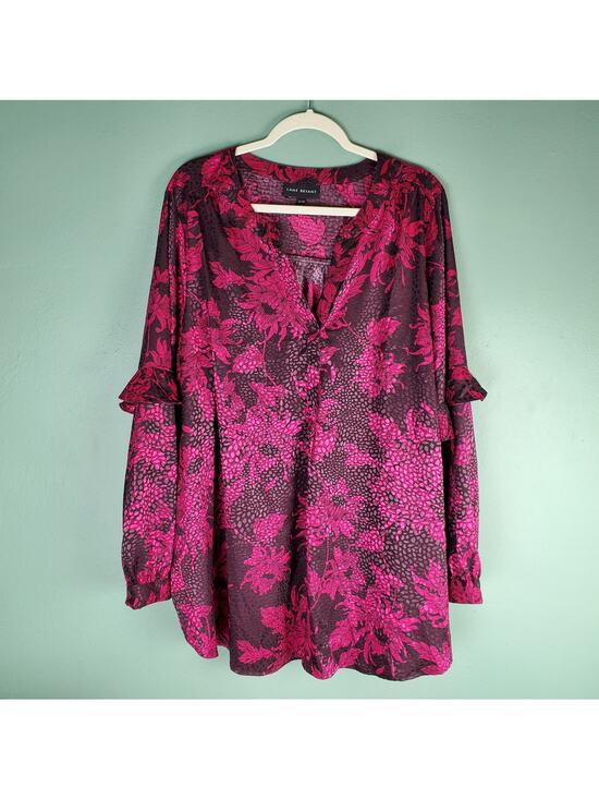 Lane Bryant Tops - Lane Bryant Women's Burgundy Red Floral Satin Ruffle Sleeve Blouse Size 26/28